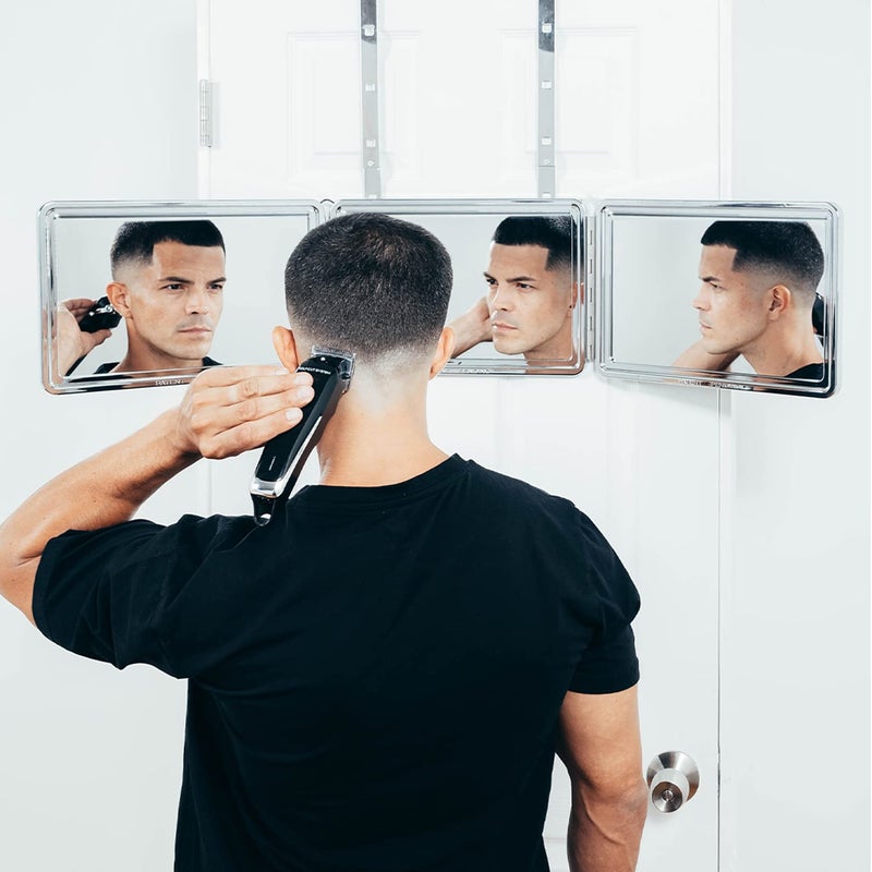 SELF-CUT SYSTEM Self Cut System 3 Way Mirror for Self Hair Cutting, Trifold Barber Mirror with Height Adjustable Hooks, 360 View, Includes Free Educational Mobile App (Black Lambo) - Image 1